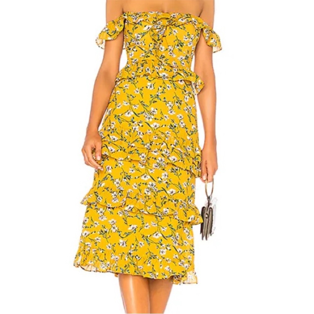 TULAROSA Lily Midi Dress Tiered Ruffle Yellow Floral size XS Off Shoulder Garden